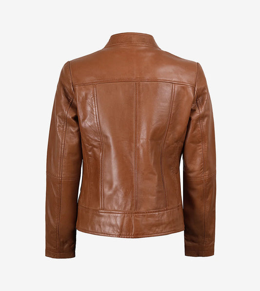 Women'S Tan Waxed Slim Fit Biker Leather Jacket