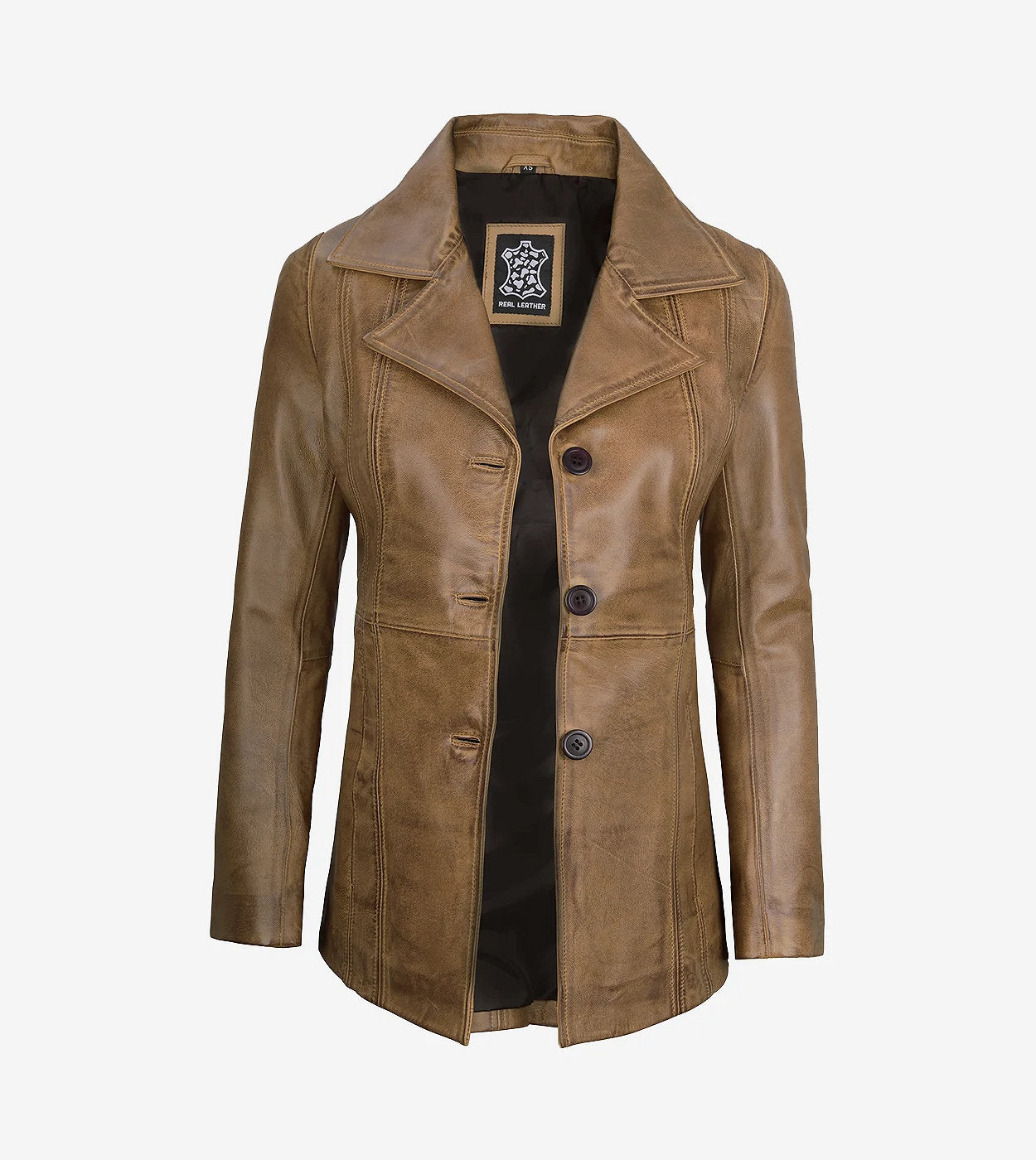 Women'S Three Button Camel Brown Leather Blazer