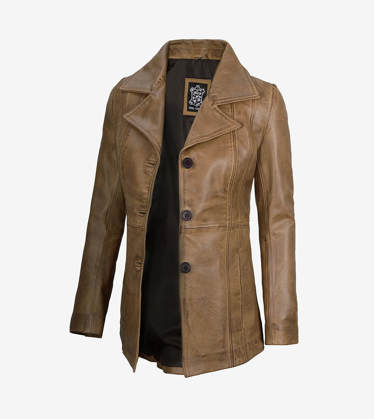 Women'S Three Button Camel Brown Leather Blazer