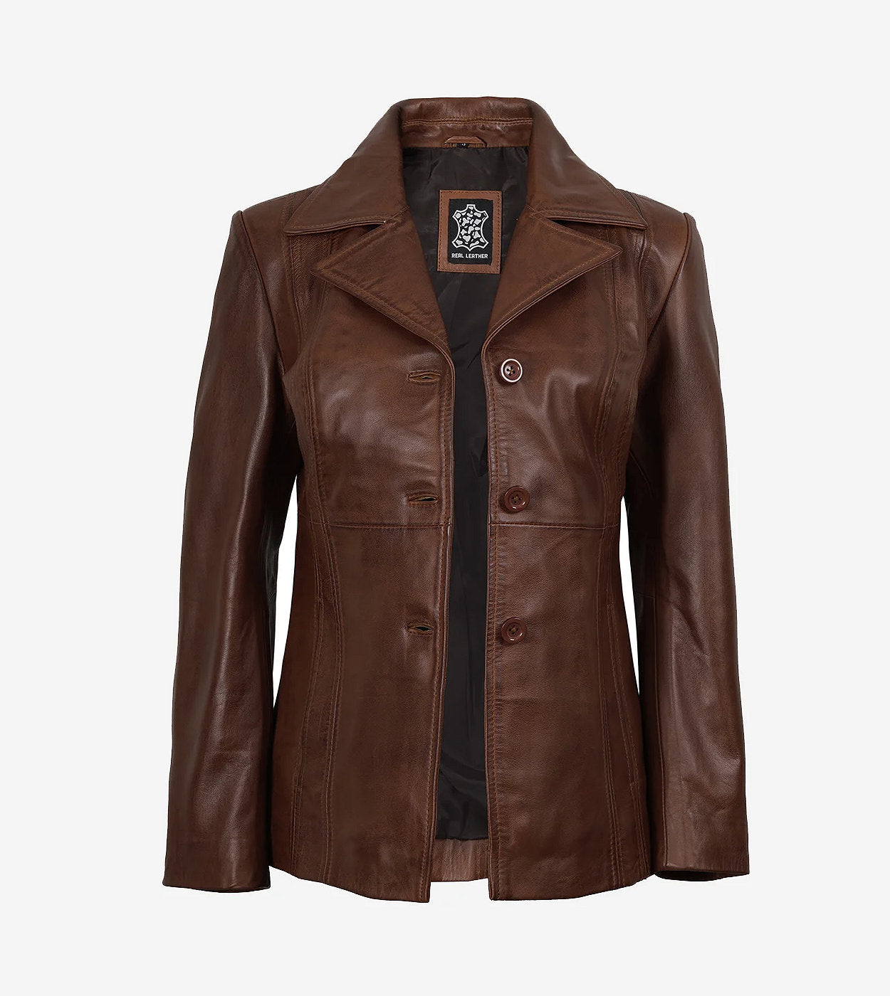 Women'S Three Button Cognac Leather Blazer