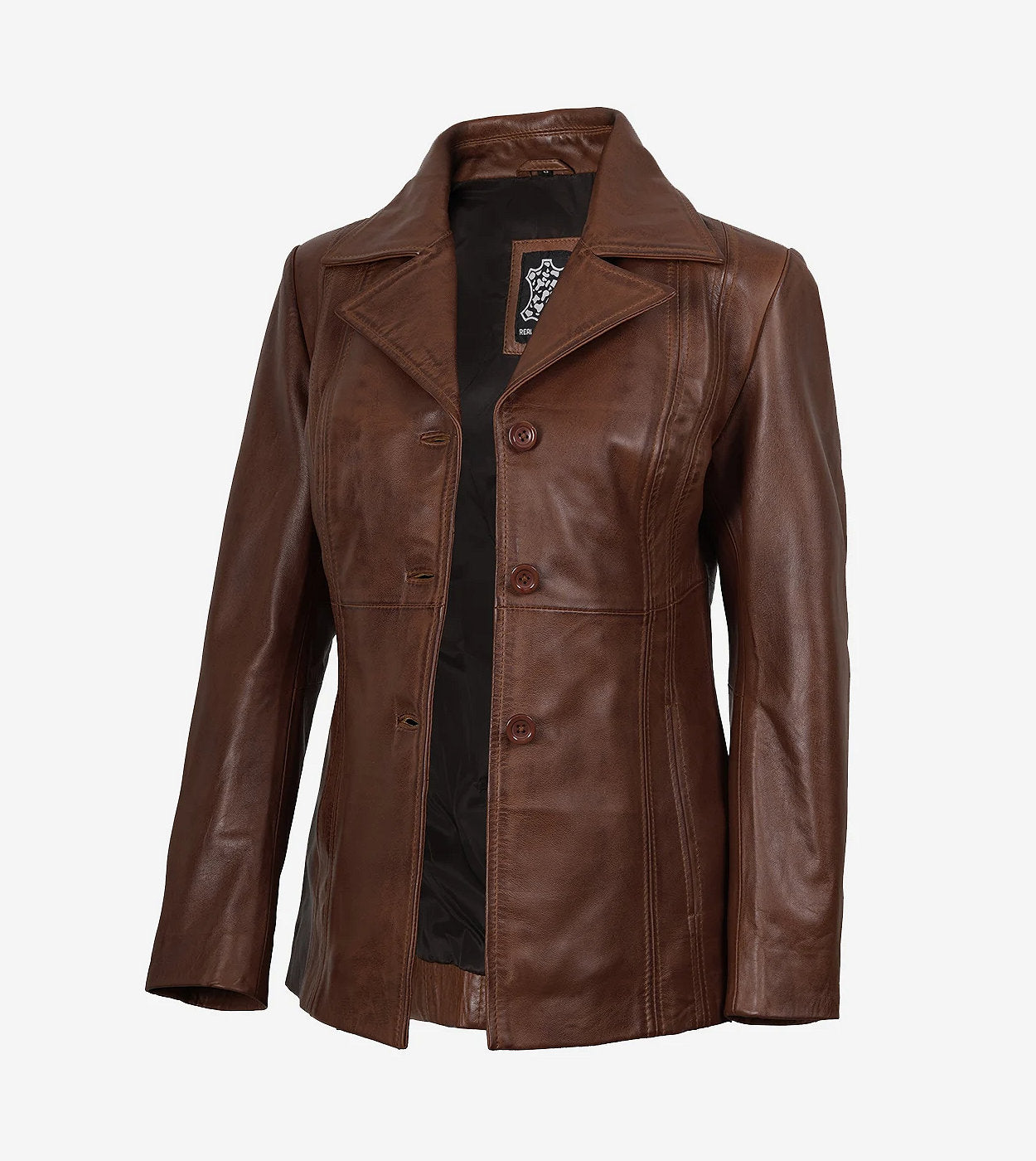 Women'S Three Button Cognac Leather Blazer
