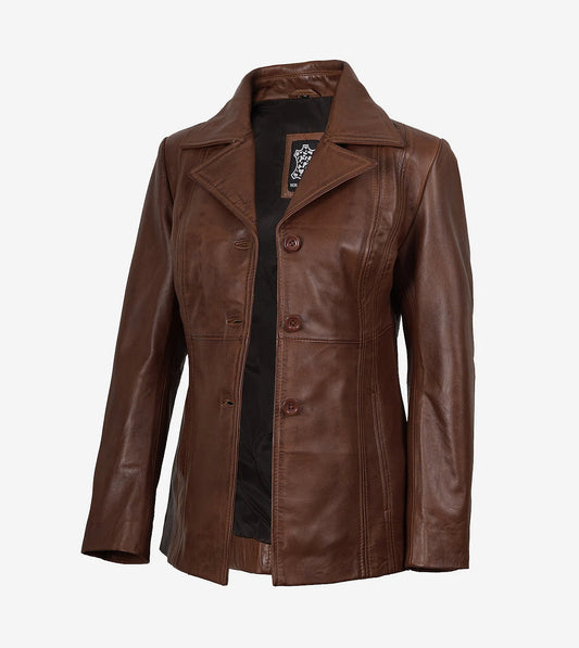 Women'S Three Button Cognac Leather Blazer
