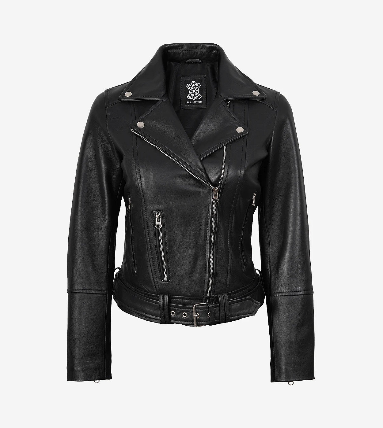 Womens Asymmetrical Black Leather Belted Moto Jacket