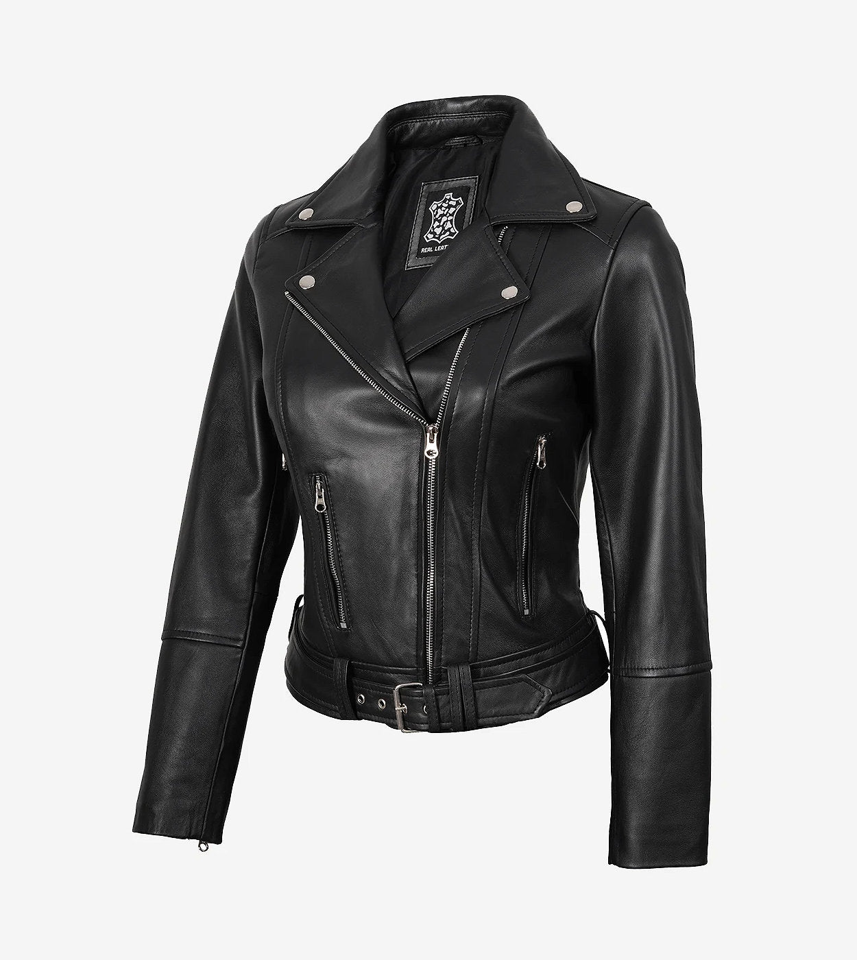 Womens Asymmetrical Black Leather Belted Moto Jacket