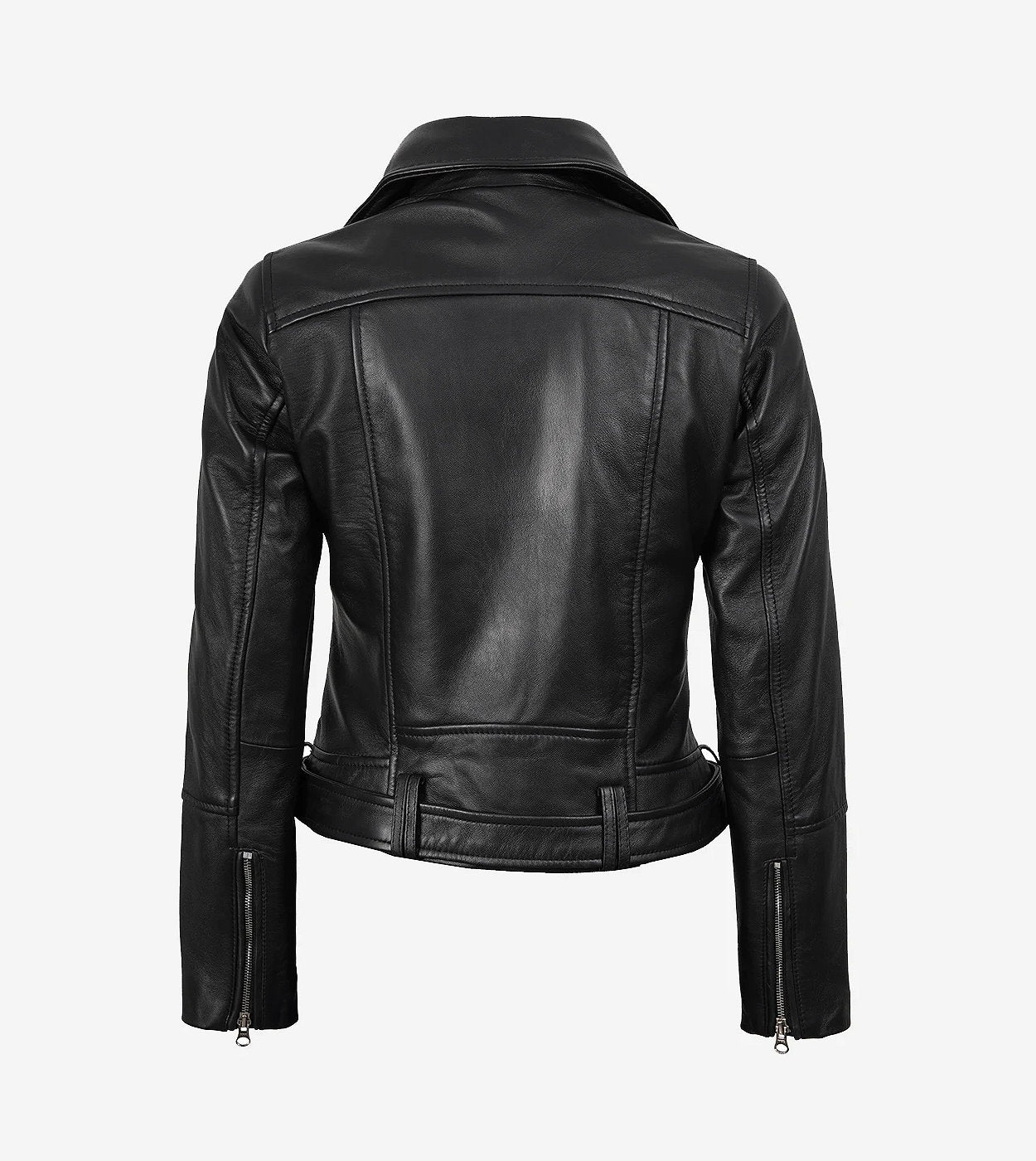 Womens Asymmetrical Black Leather Belted Moto Jacket