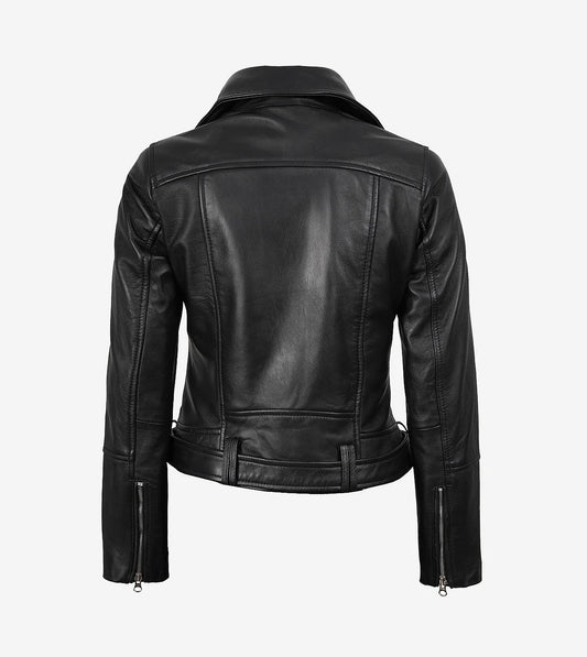 Womens Asymmetrical Black Leather Belted Moto Jacket