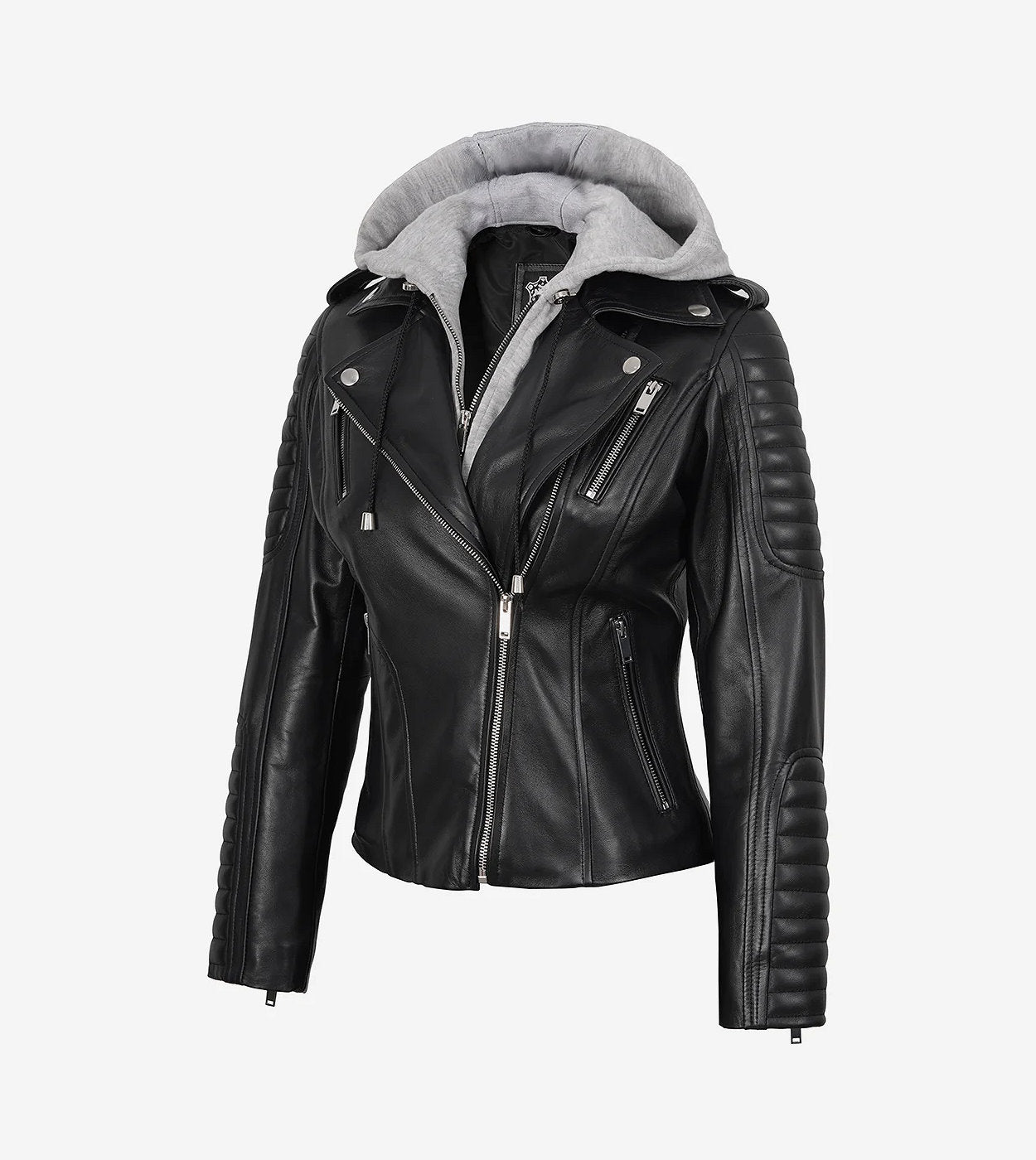 Womens Asymmetrical Black Leather Biker Style Jacket With Hood