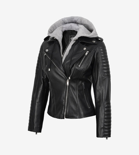Womens Asymmetrical Black Leather Biker Style Jacket With Hood