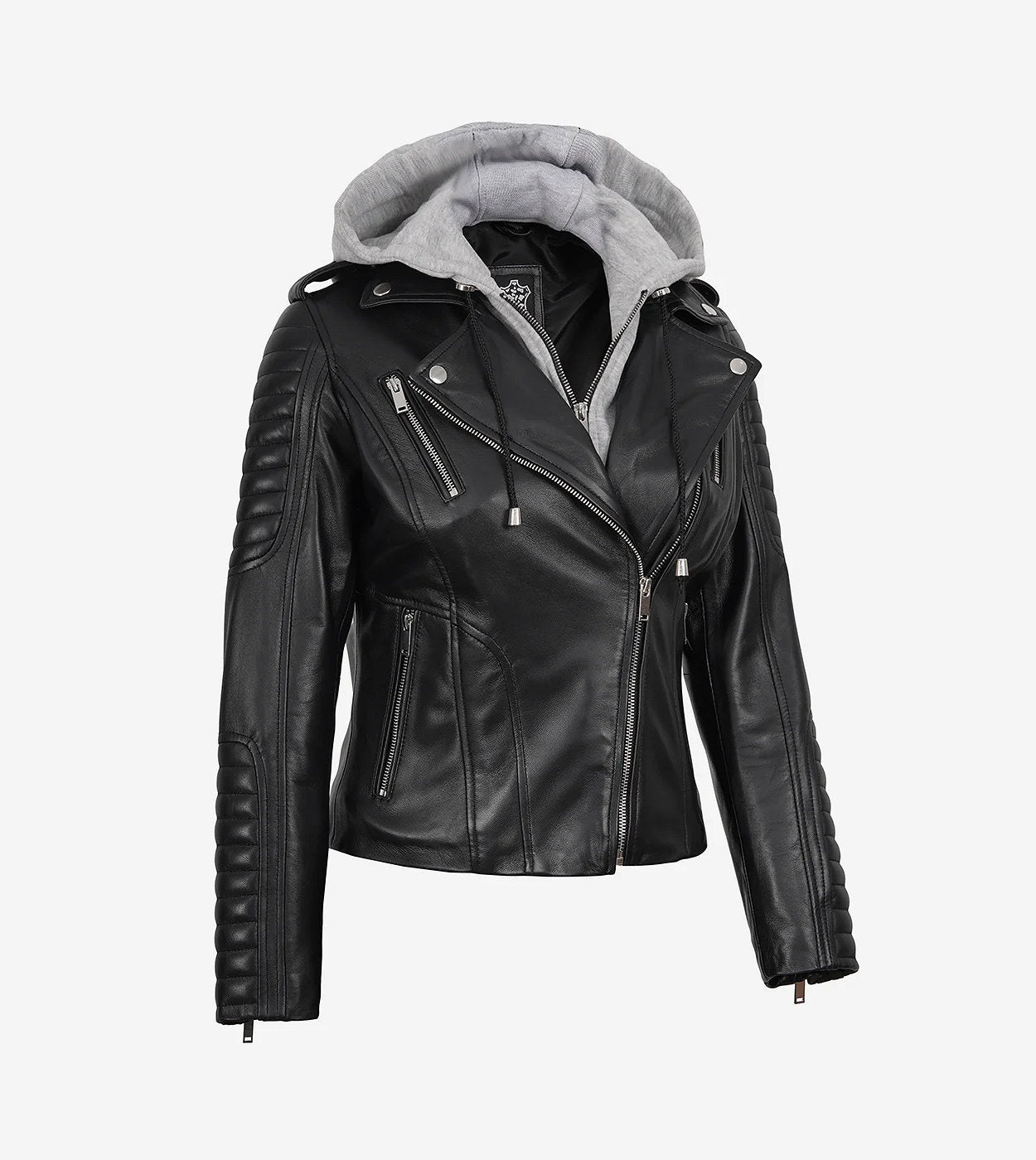 Womens Asymmetrical Black Leather Biker Style Jacket With Hood