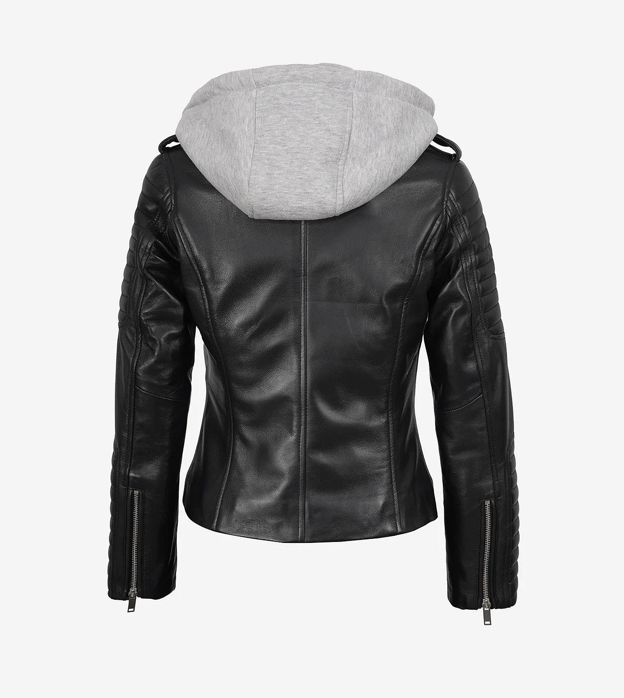 Womens Asymmetrical Black Leather Biker Style Jacket With Hood