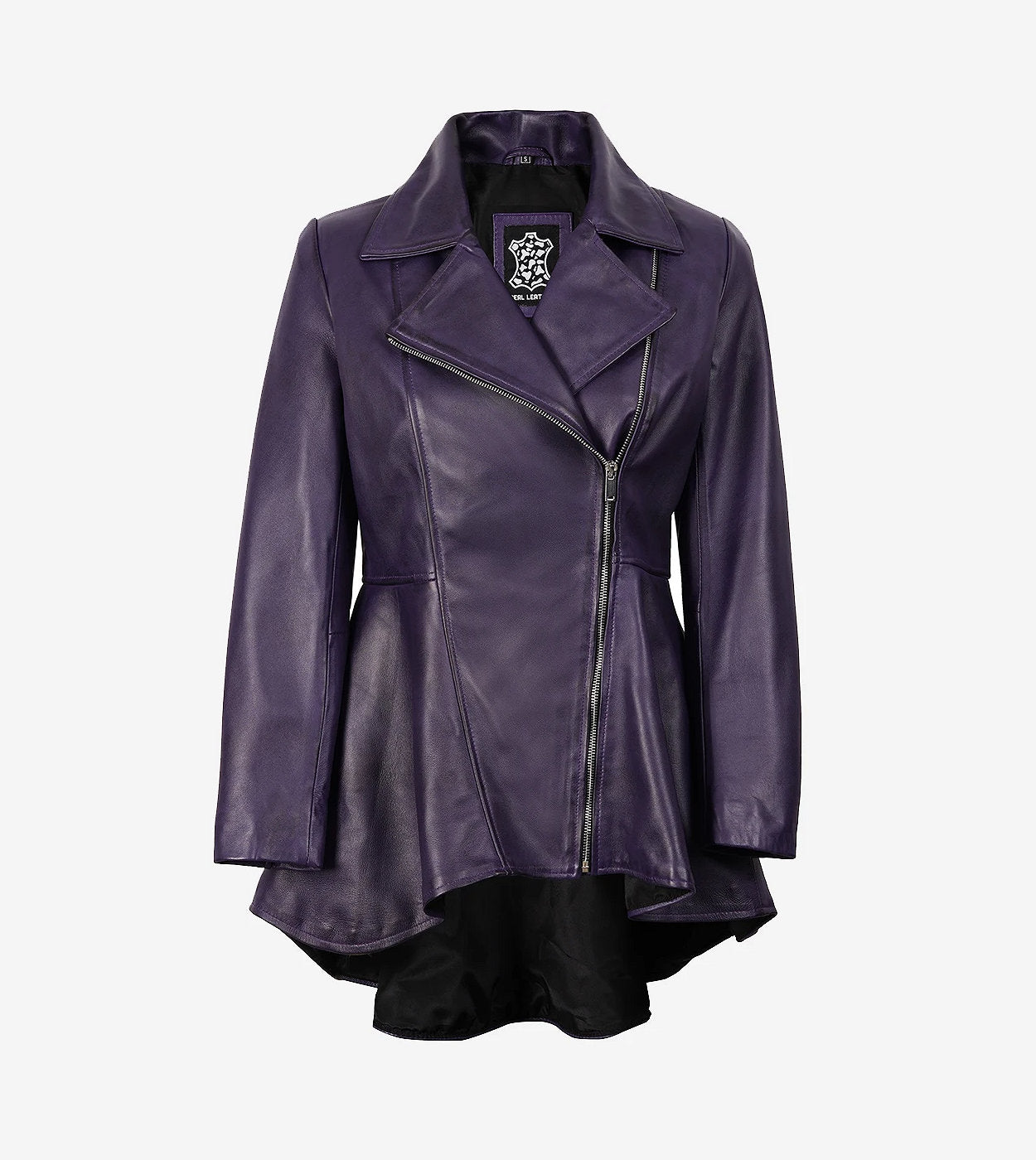 Womens Asymmetrical Purple Leather Peplum Jacket