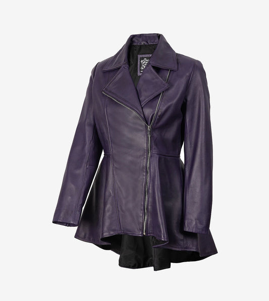 Womens Asymmetrical Purple Leather Peplum Jacket