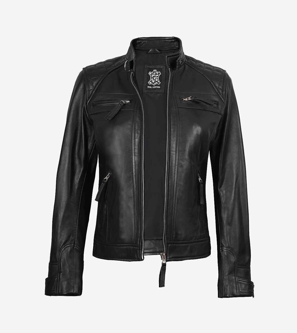 Womens Black Leather Cafe Racer Jacket - Quilted Shoulder