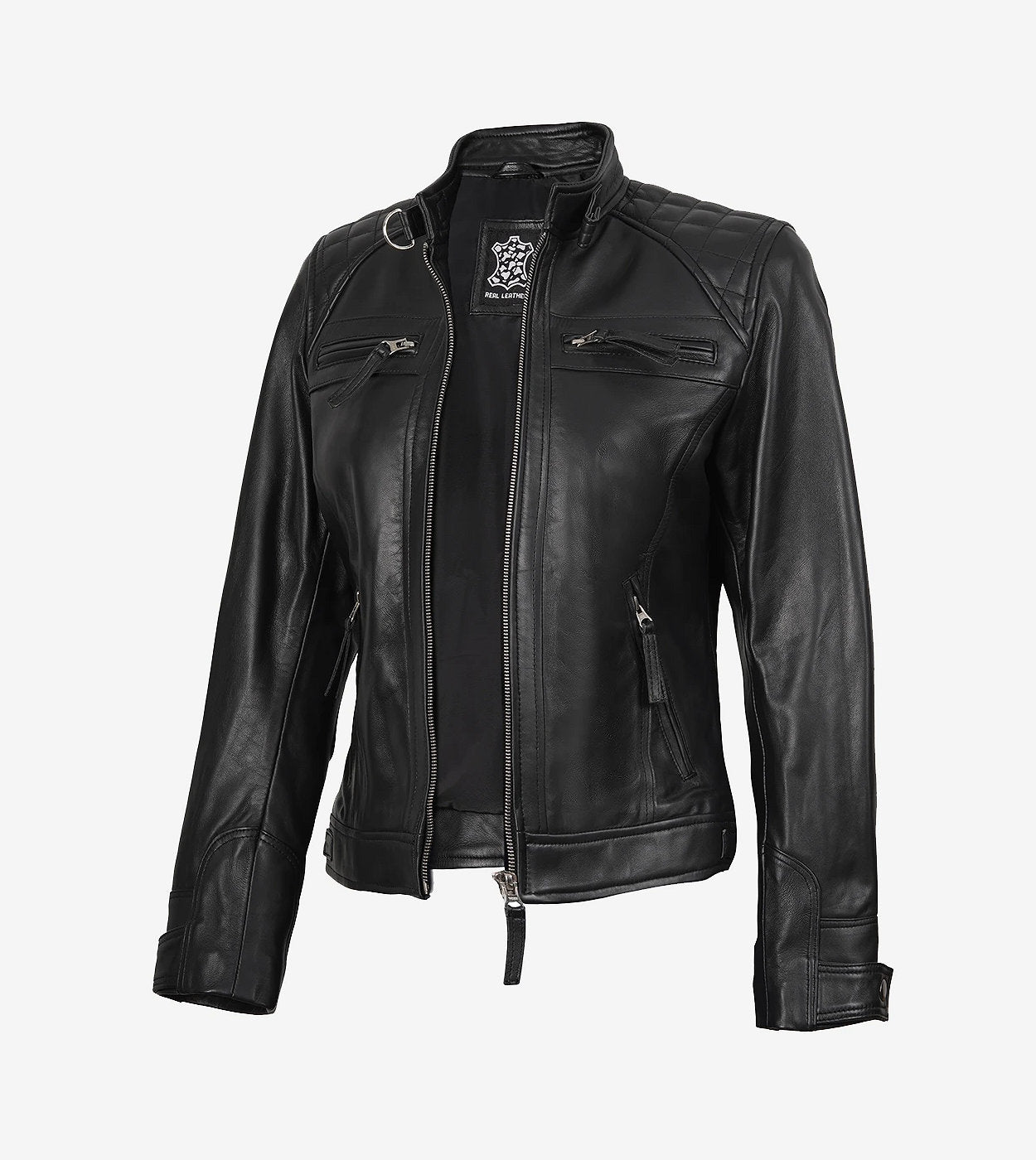 Womens Black Leather Cafe Racer Jacket - Quilted Shoulder