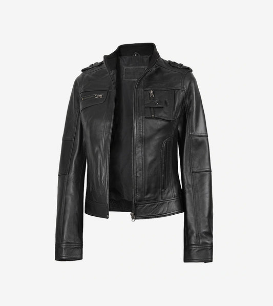 Womens Black Leather Moto Jacket - Classic Biker Style