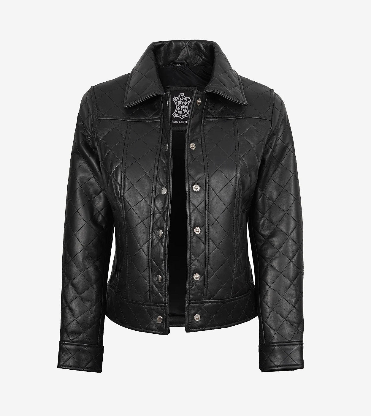 Womens Black Quilted Leather Jacket - Harrington Style