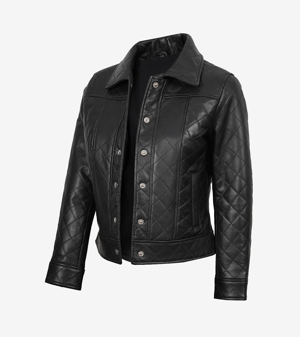 Womens Black Quilted Leather Jacket - Harrington Style