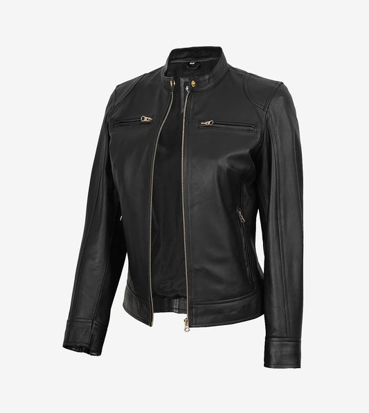 Womens Black Real Leather Biker Style Jacket - Golden Details
