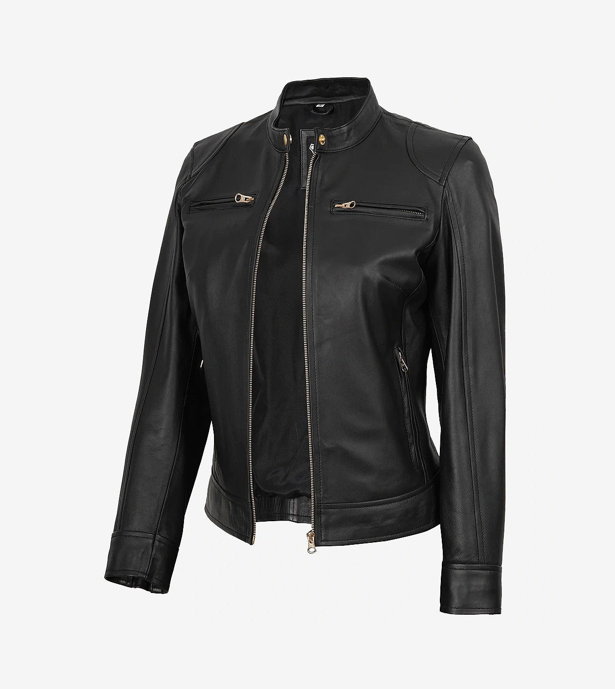 Womens Black Real Leather Biker Style Jacket - Golden Details