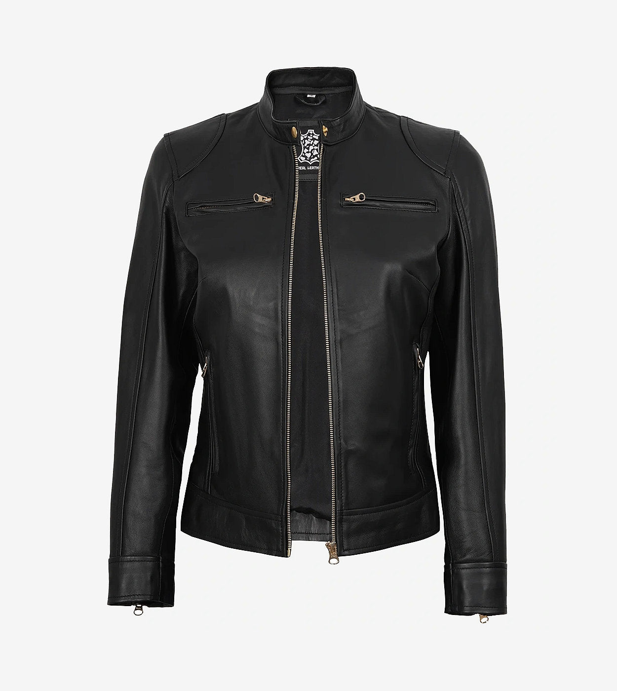 Womens Black Real Leather Biker Style Jacket - Golden Details