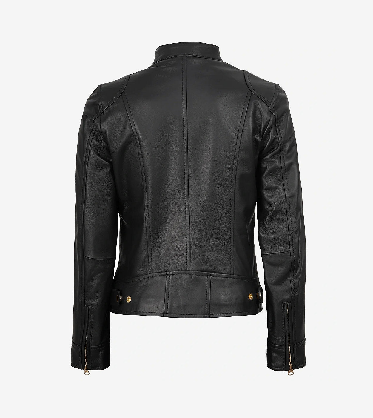 Womens Black Real Leather Biker Style Jacket - Golden Details