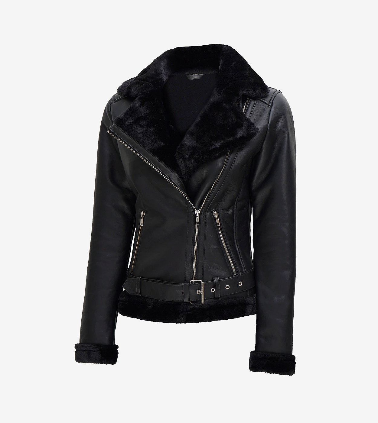 Womens Black Shearling Leather Moto Style Jacket
