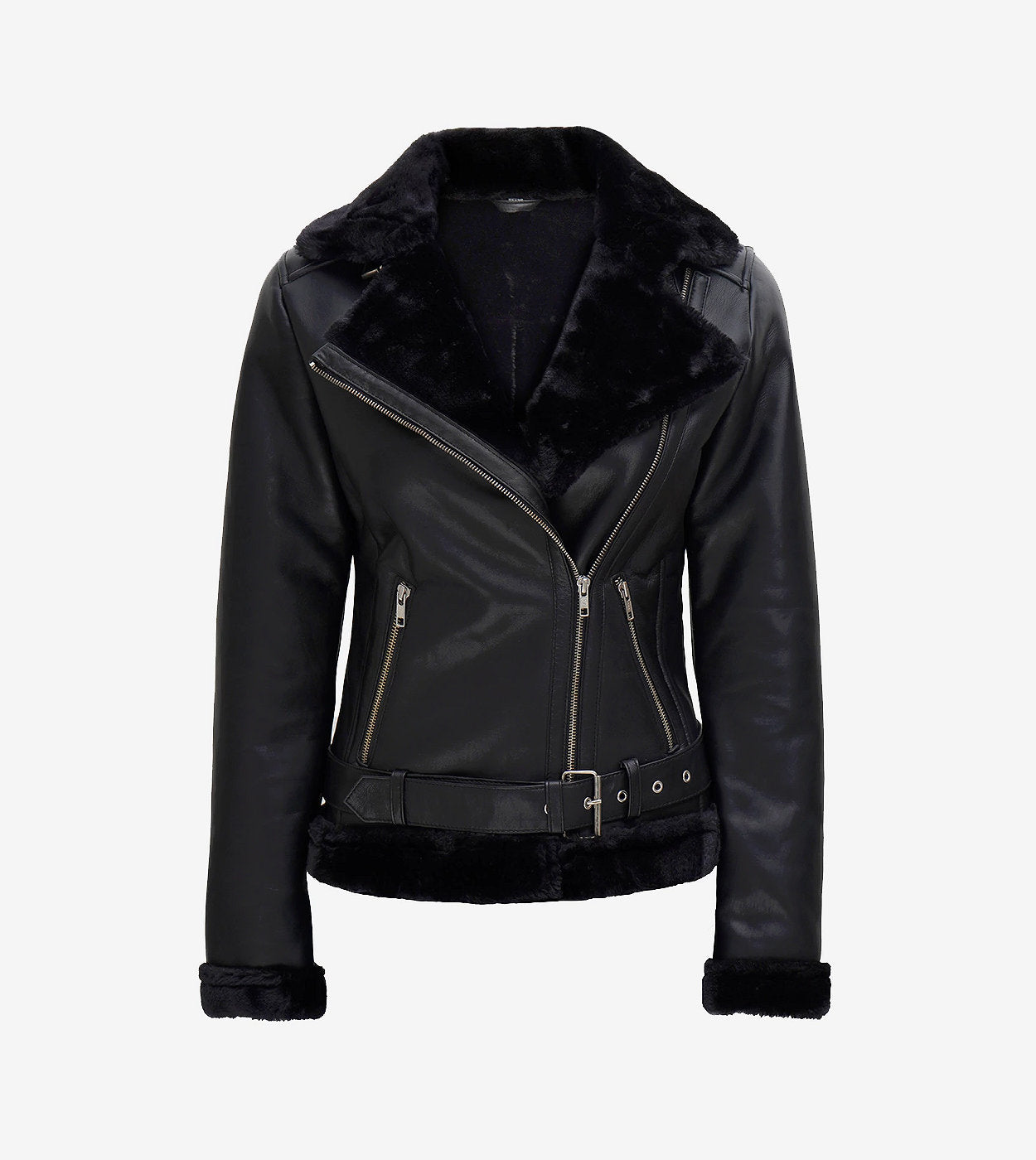 Womens Black Shearling Leather Moto Style Jacket