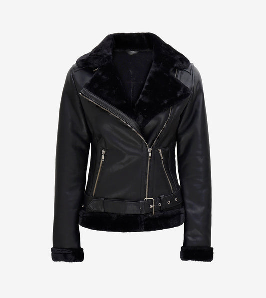 Womens Black Shearling Leather Moto Style Jacket