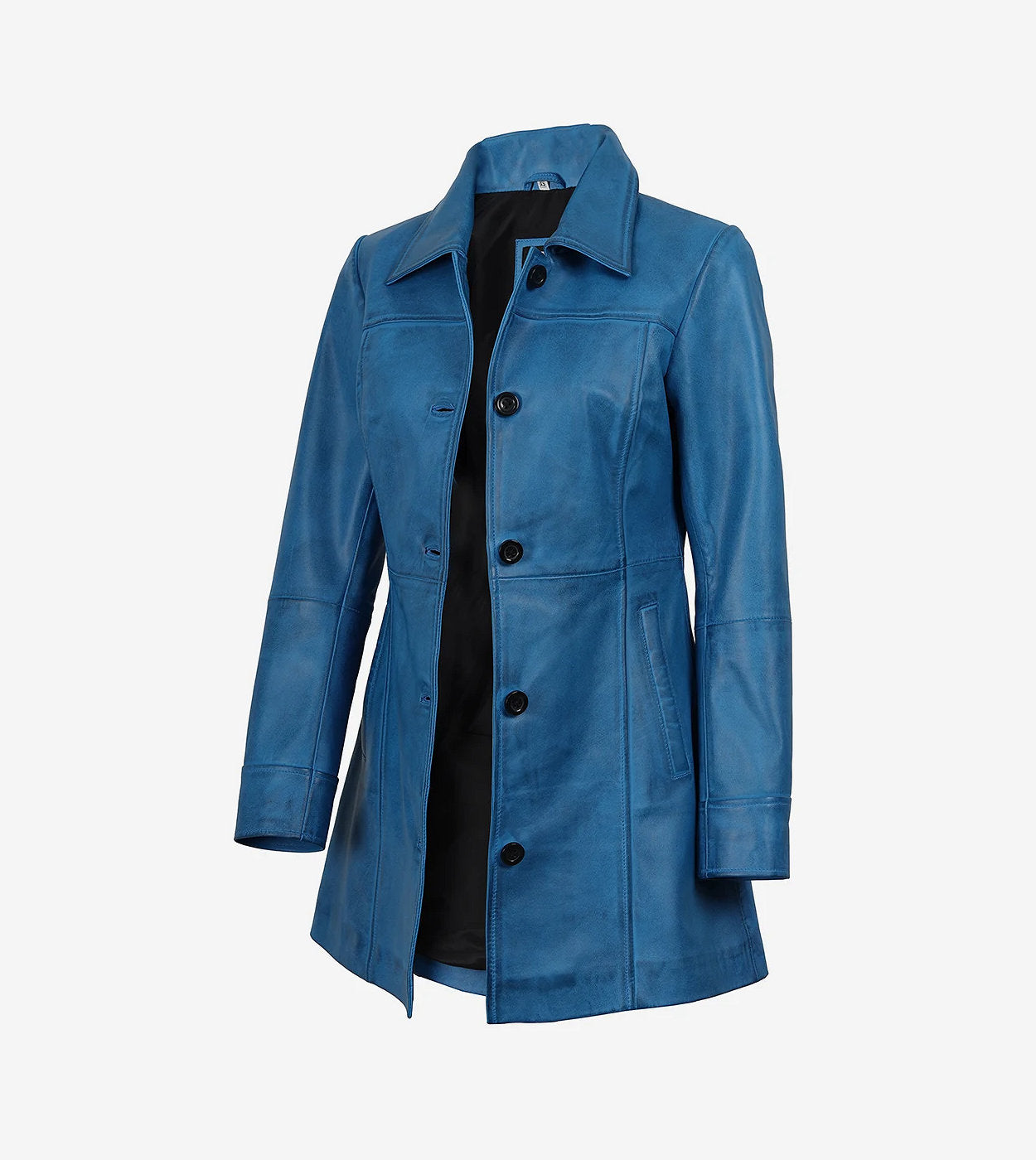 Womens Blue 3/4 Length Button Down Leather Coat
