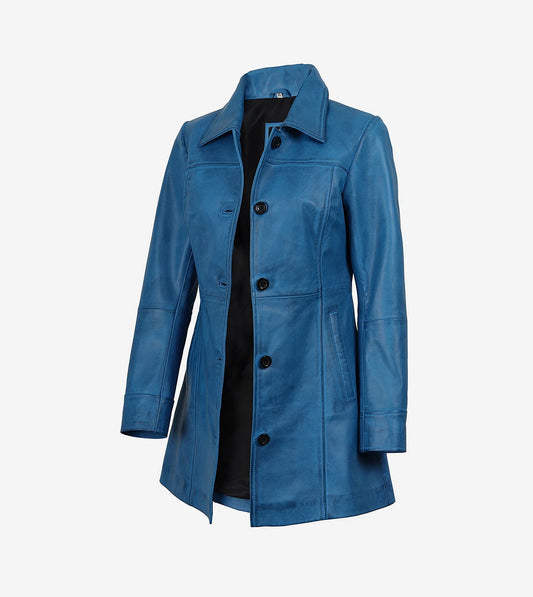 Womens Blue 3/4 Length Button Down Leather Coat