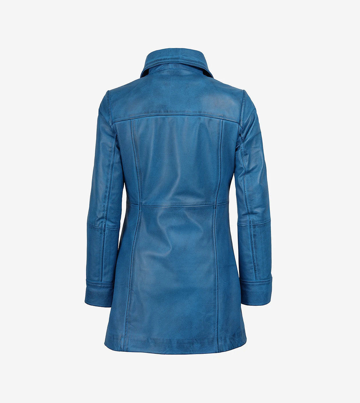 Womens Blue 3/4 Length Button Down Leather Coat