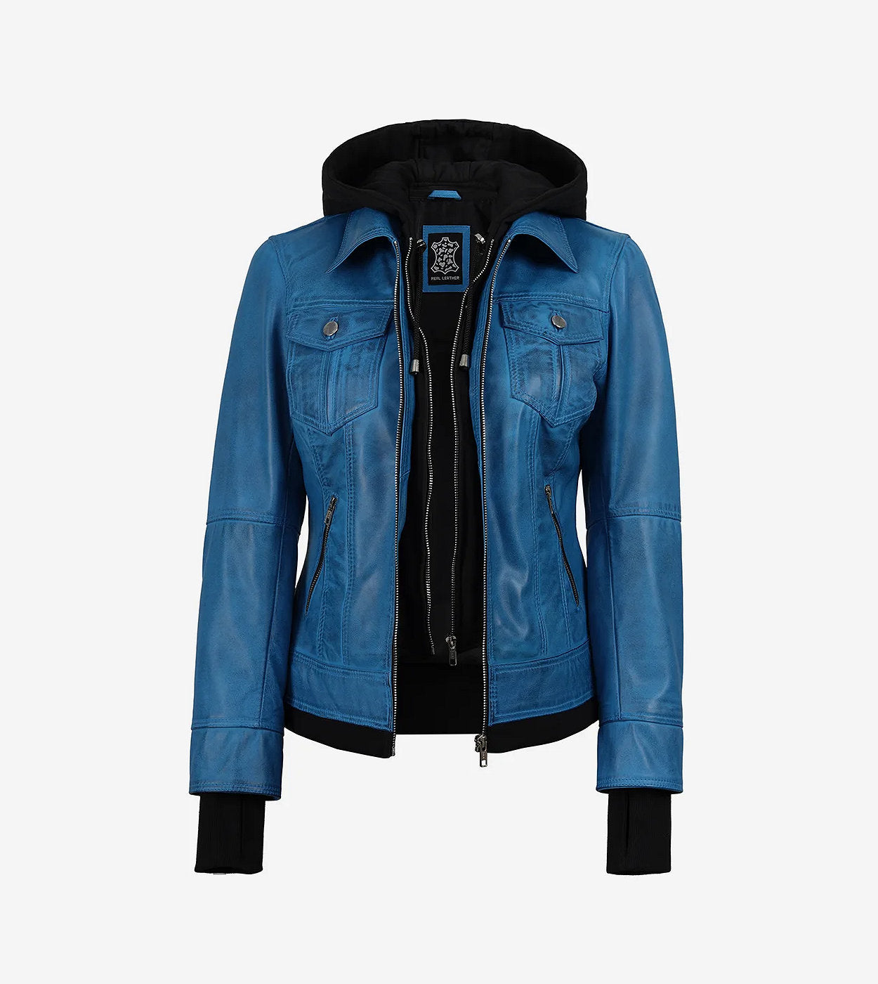 Womens Blue Bomber Leather Jacket With Hood