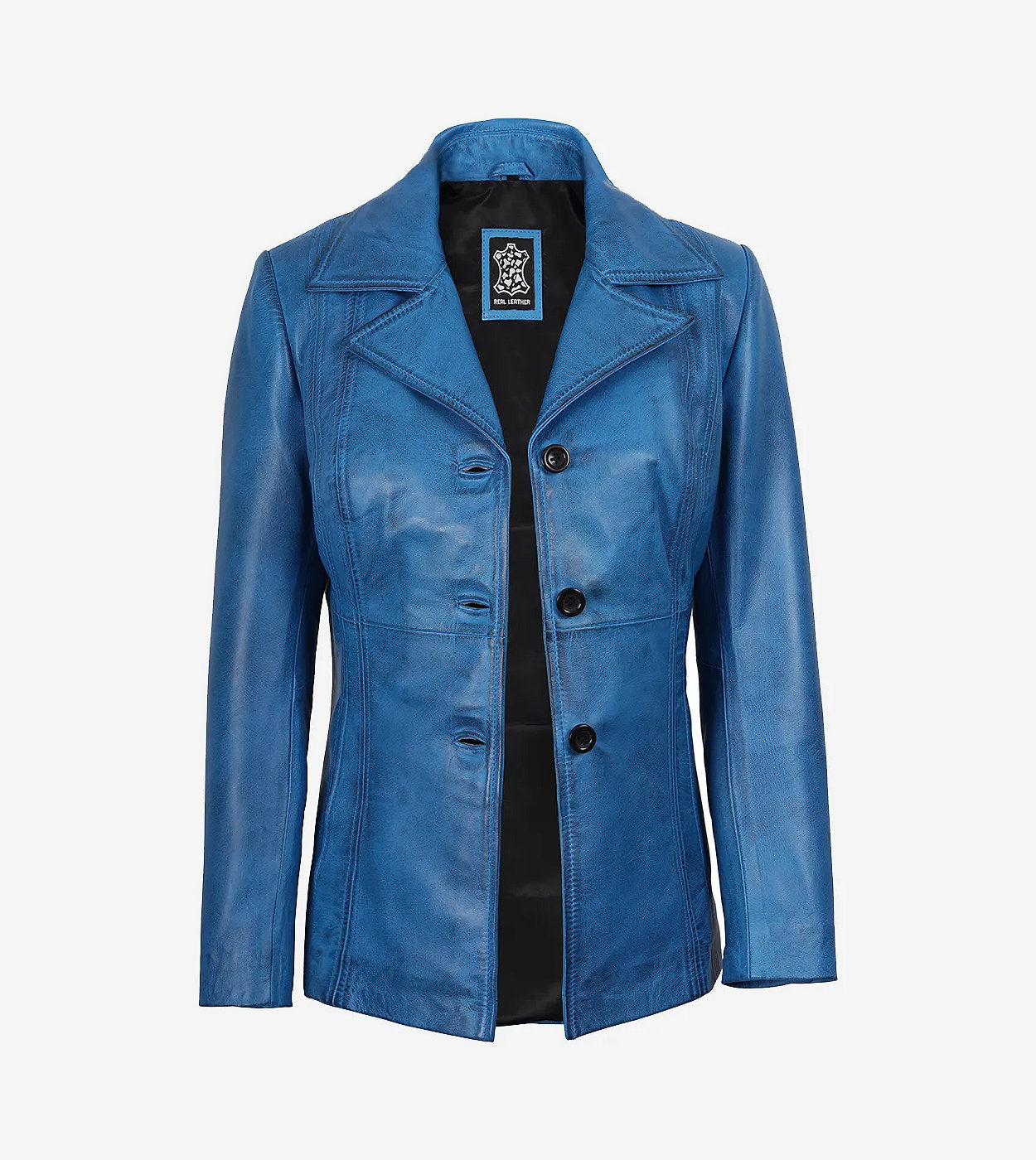 Womens Blue Waxed Leather Coat - Three Button