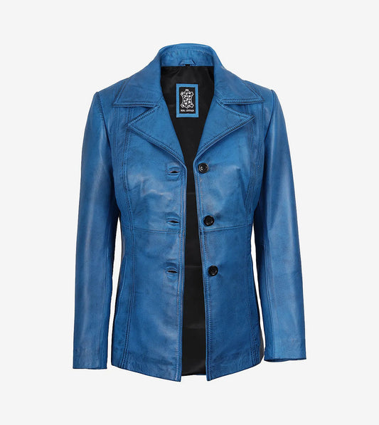 Womens Blue Waxed Leather Coat - Three Button