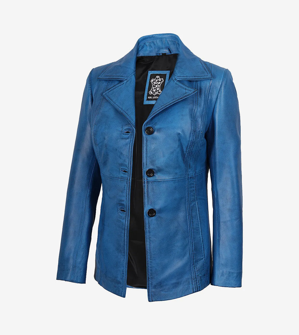 Womens Blue Waxed Leather Coat - Three Button