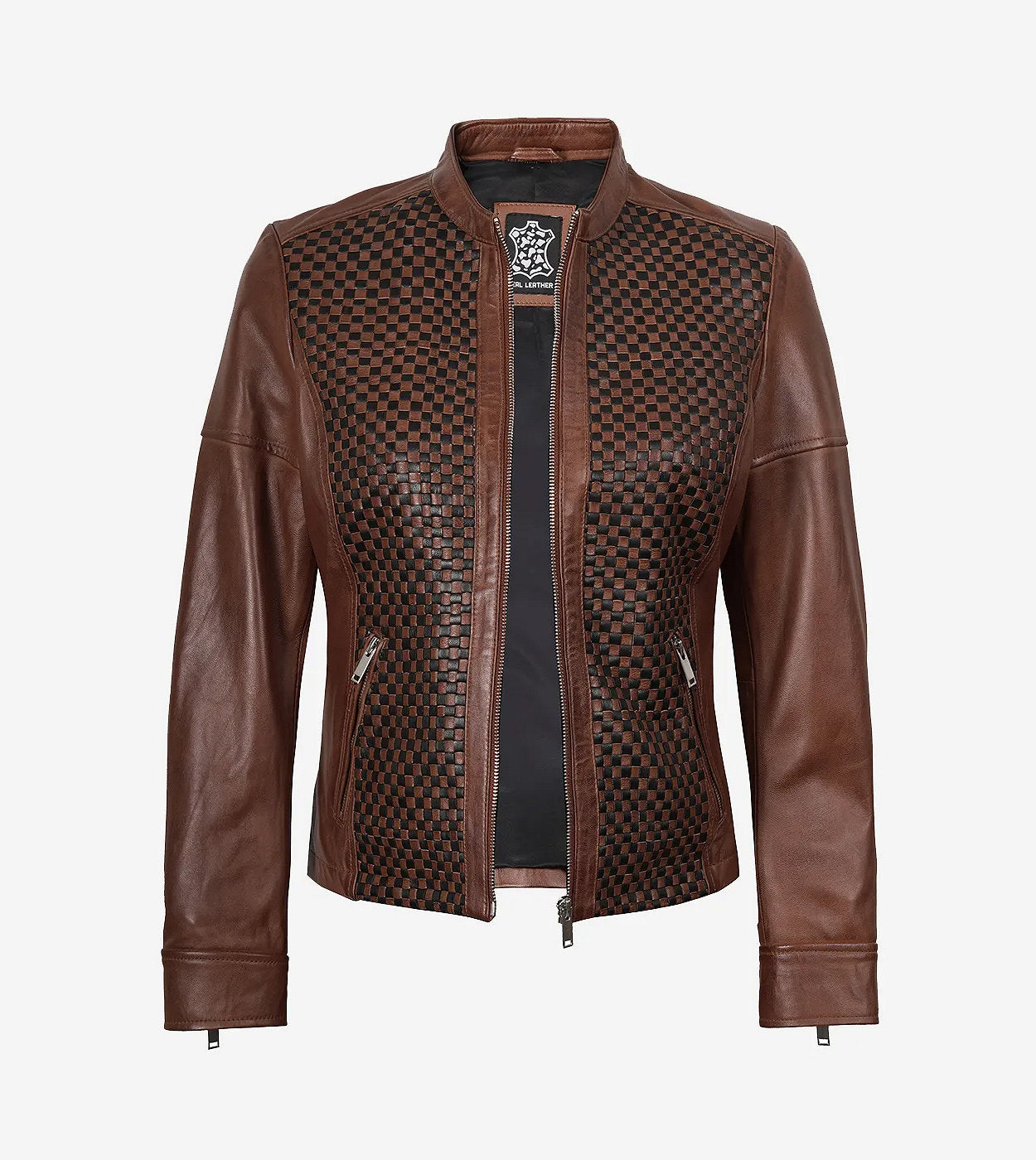 Womens Brown Textured Leather Biker Jacket