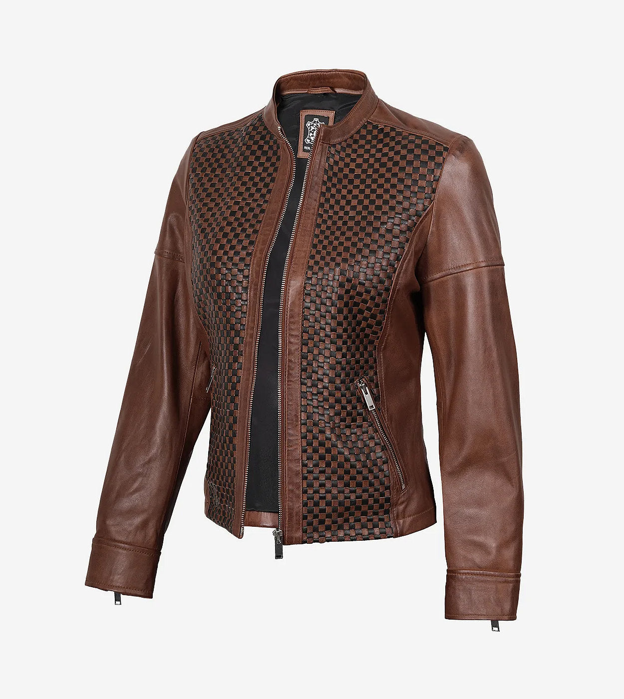 Womens Brown Textured Leather Biker Jacket