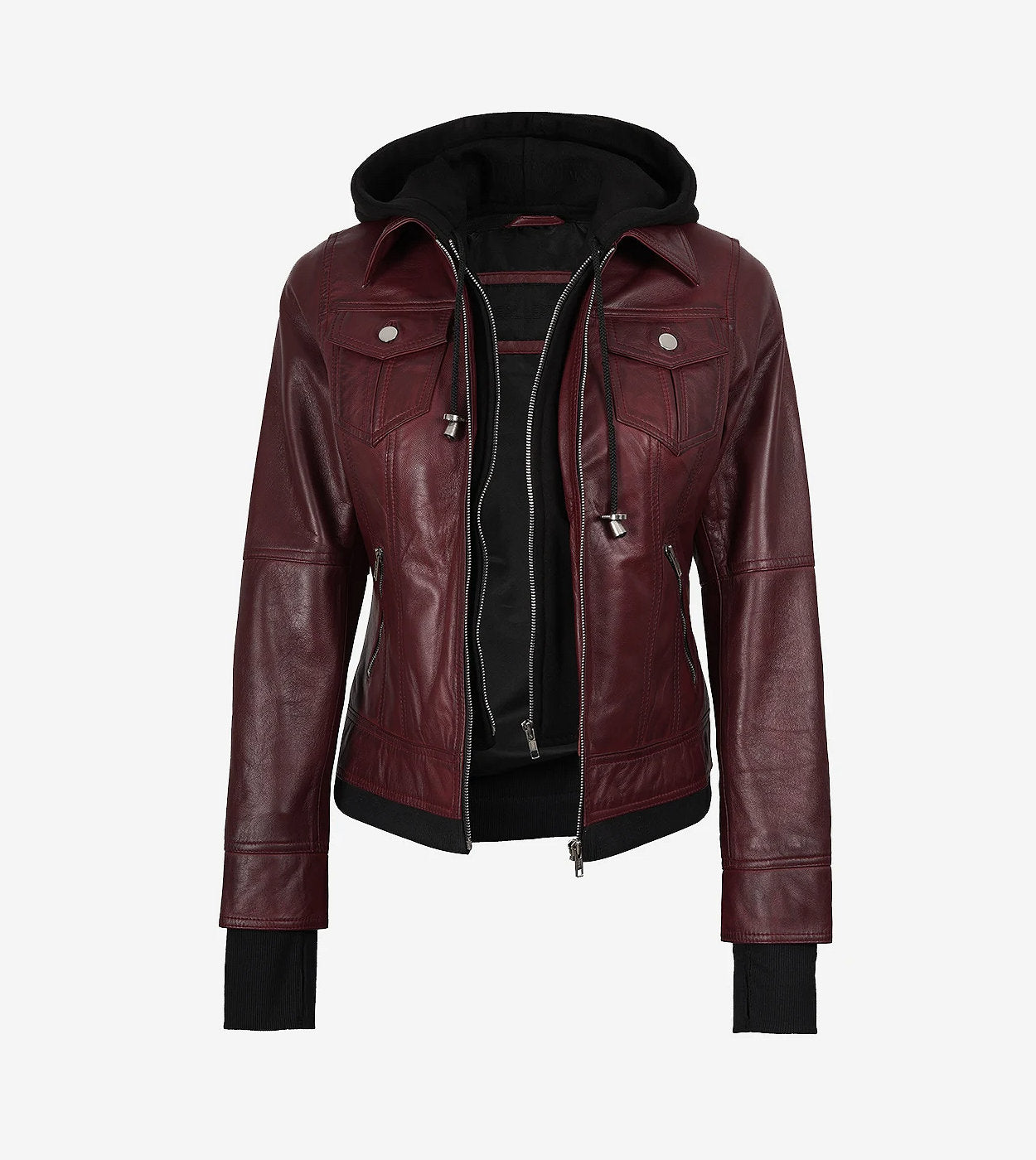 Womens Burgundy Bomber Leather Jacket With Removable Hood