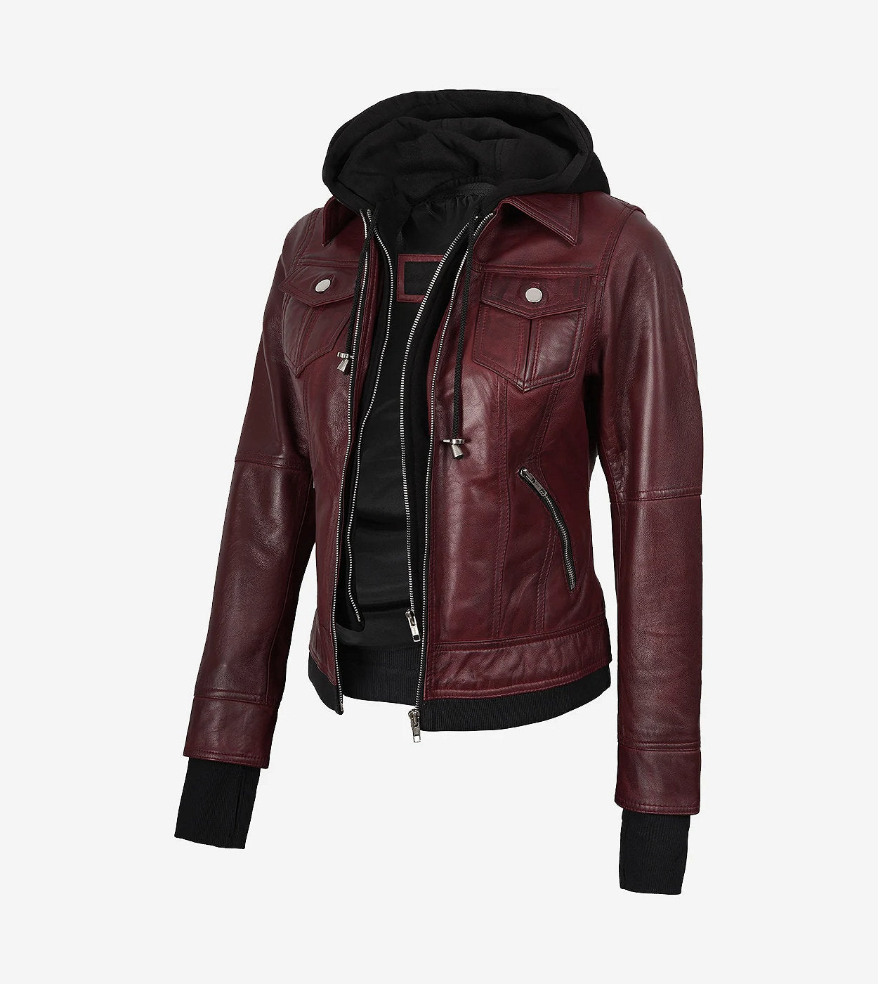 Womens Burgundy Bomber Leather Jacket With Removable Hood