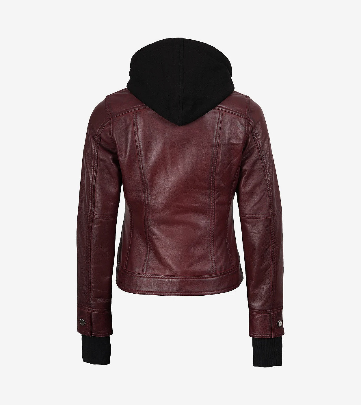 Womens Burgundy Bomber Leather Jacket With Removable Hood