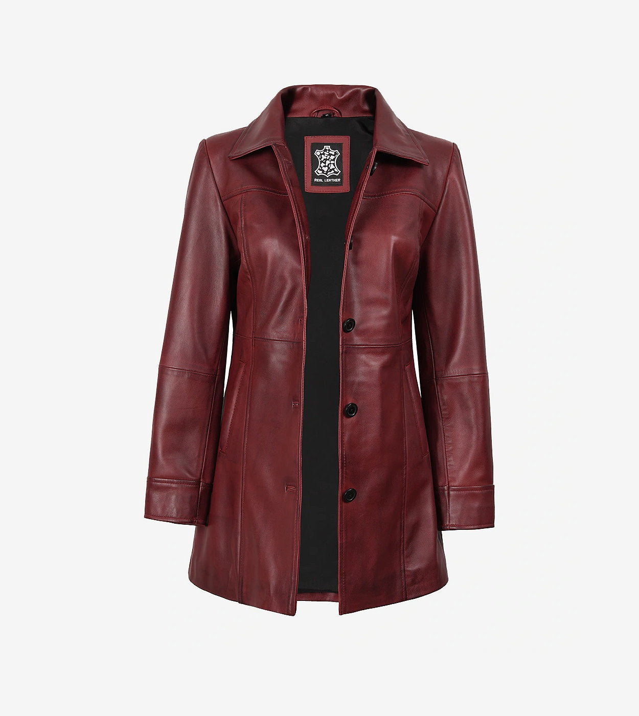 Womens Button Down Maroon Leather Car Coat