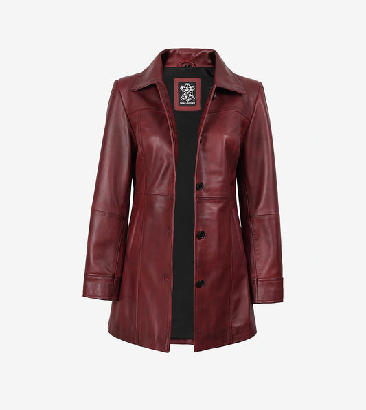Womens Button Down Maroon Leather Car Coat