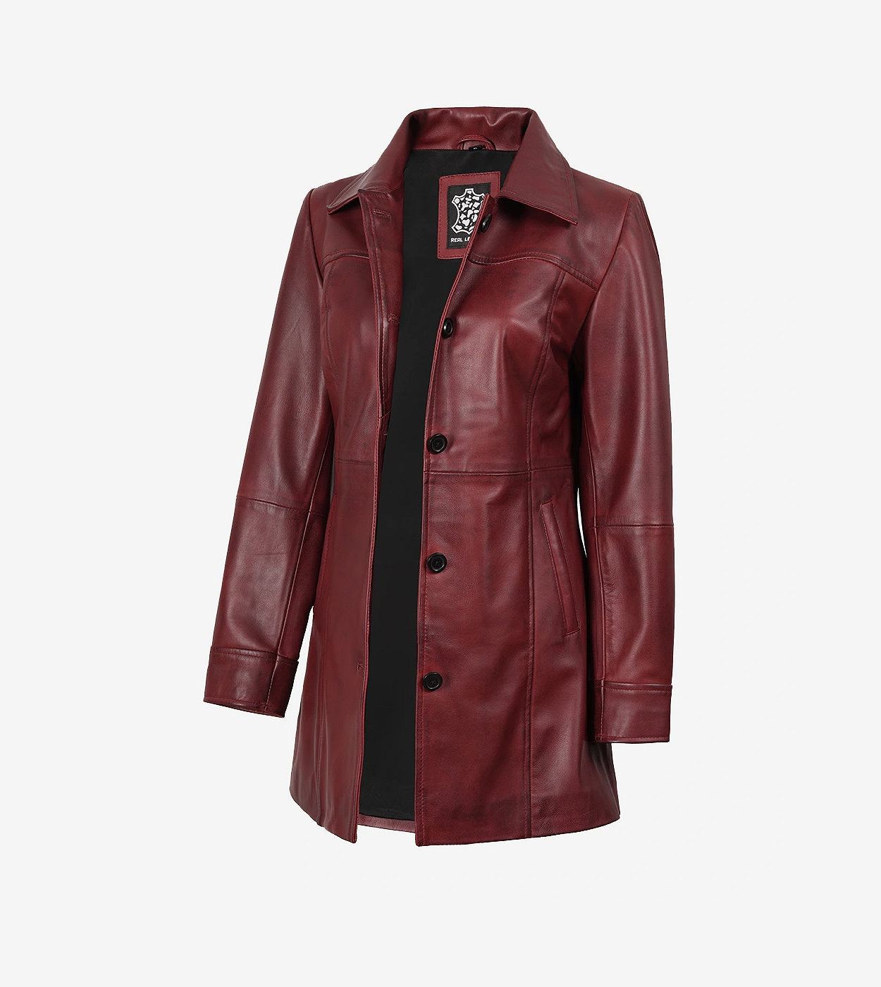 Womens Button Down Maroon Leather Car Coat