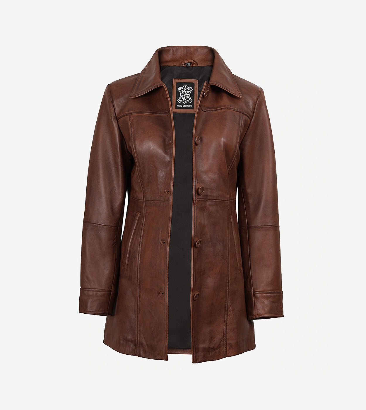 Womens Cognac 3/4 Length Button Down Leather Coat