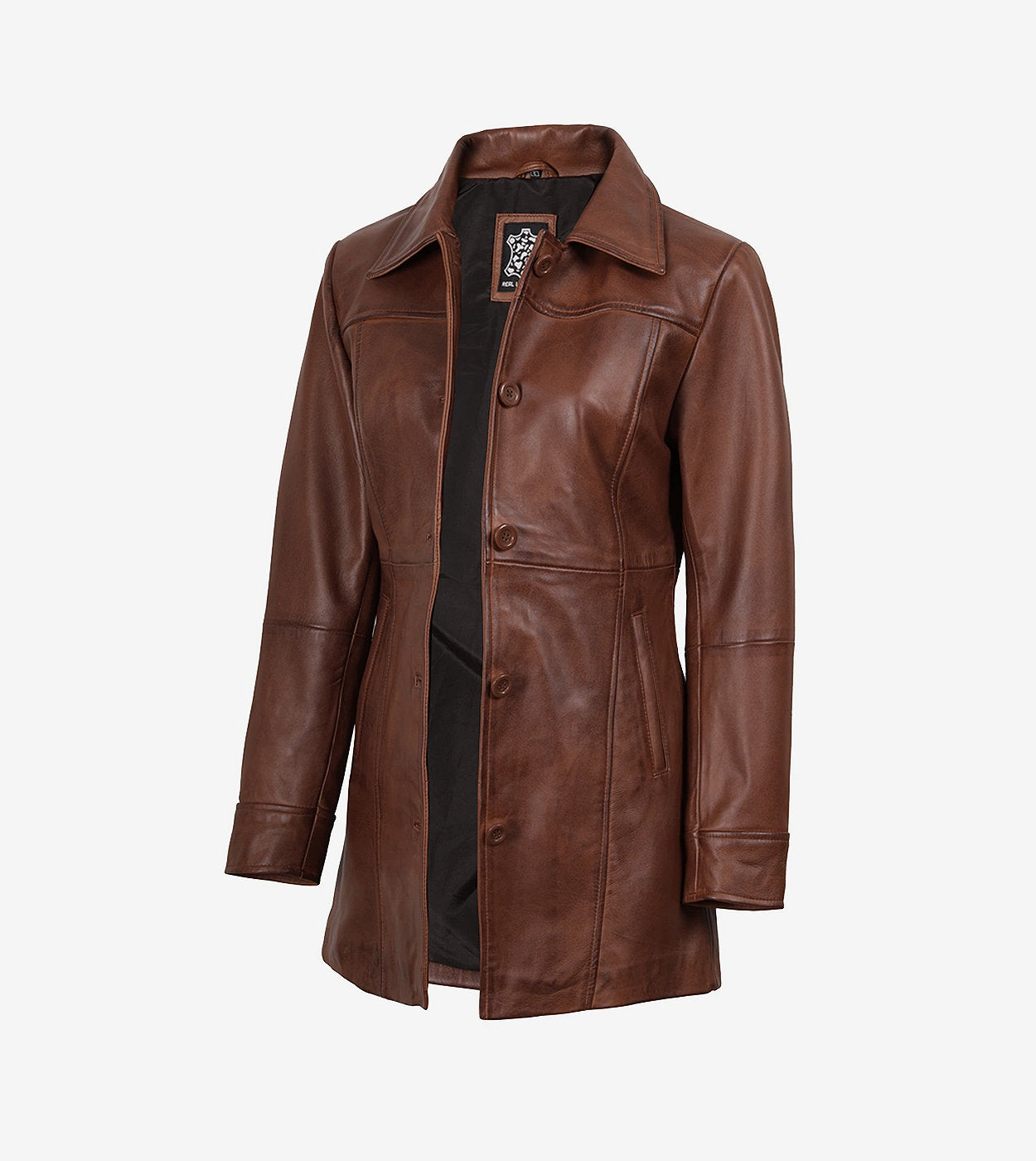 Womens Cognac 3/4 Length Button Down Leather Coat