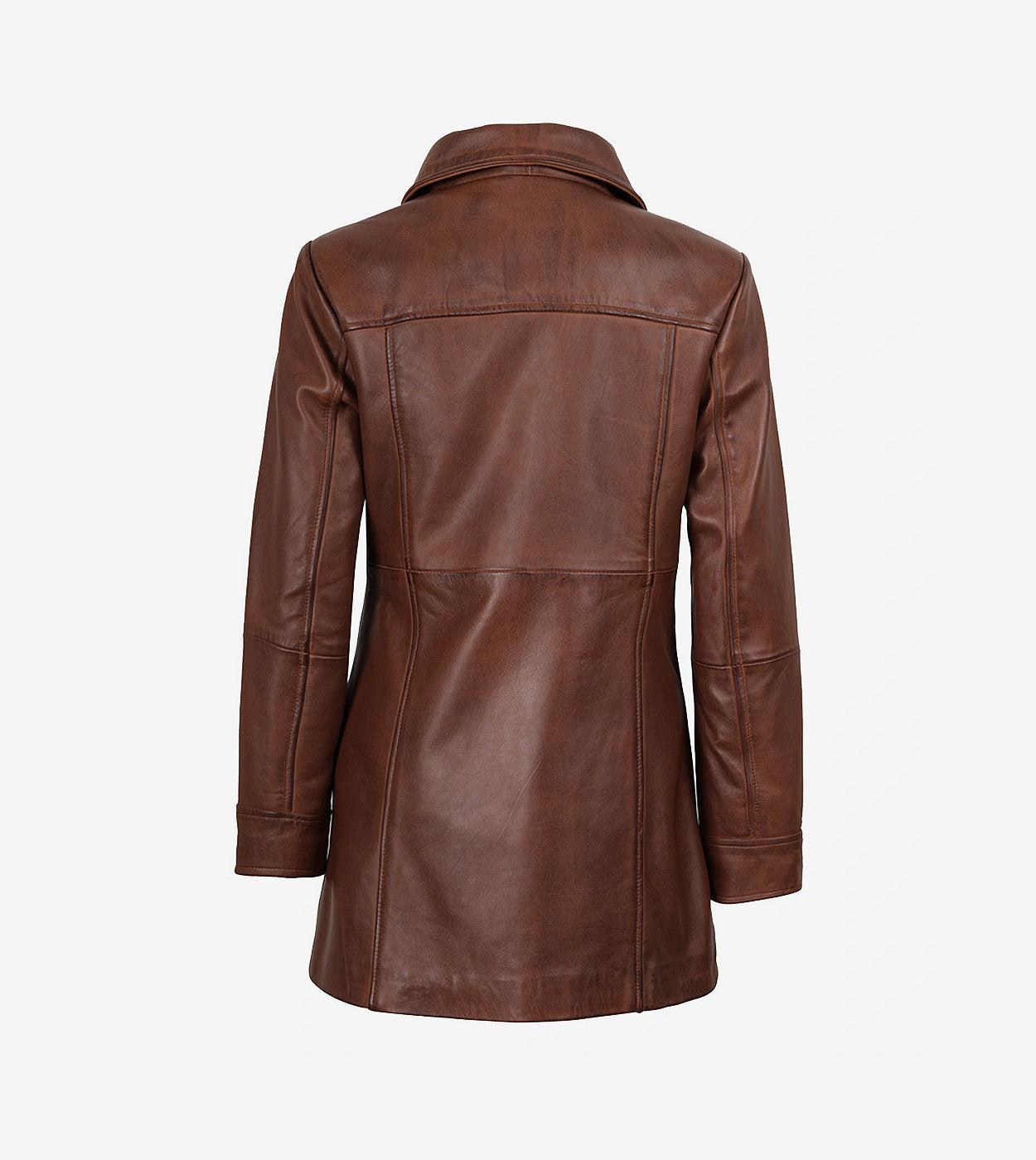 Womens Cognac 3/4 Length Button Down Leather Coat