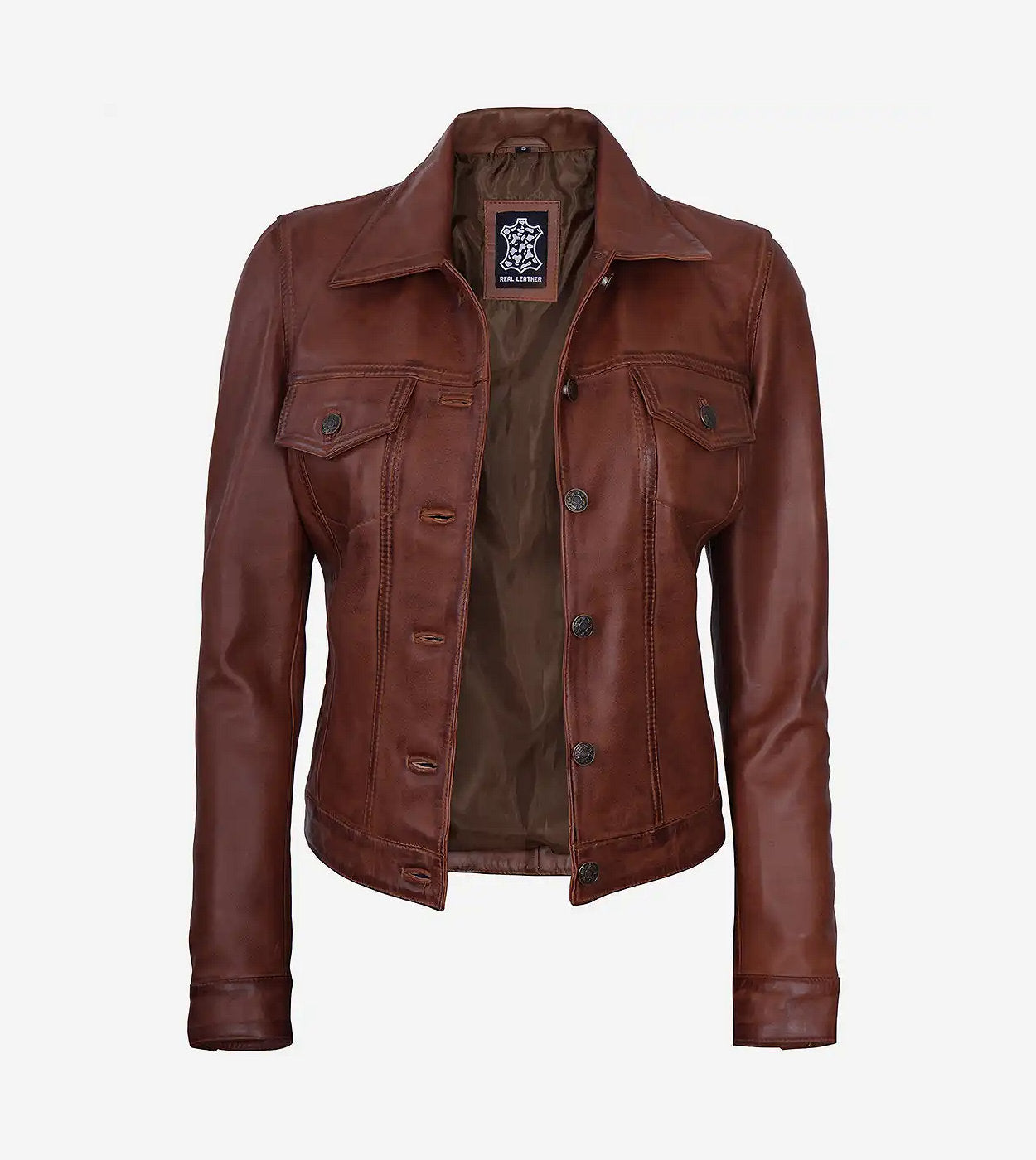Womens Cognac Brown Trucker Leather Jacket