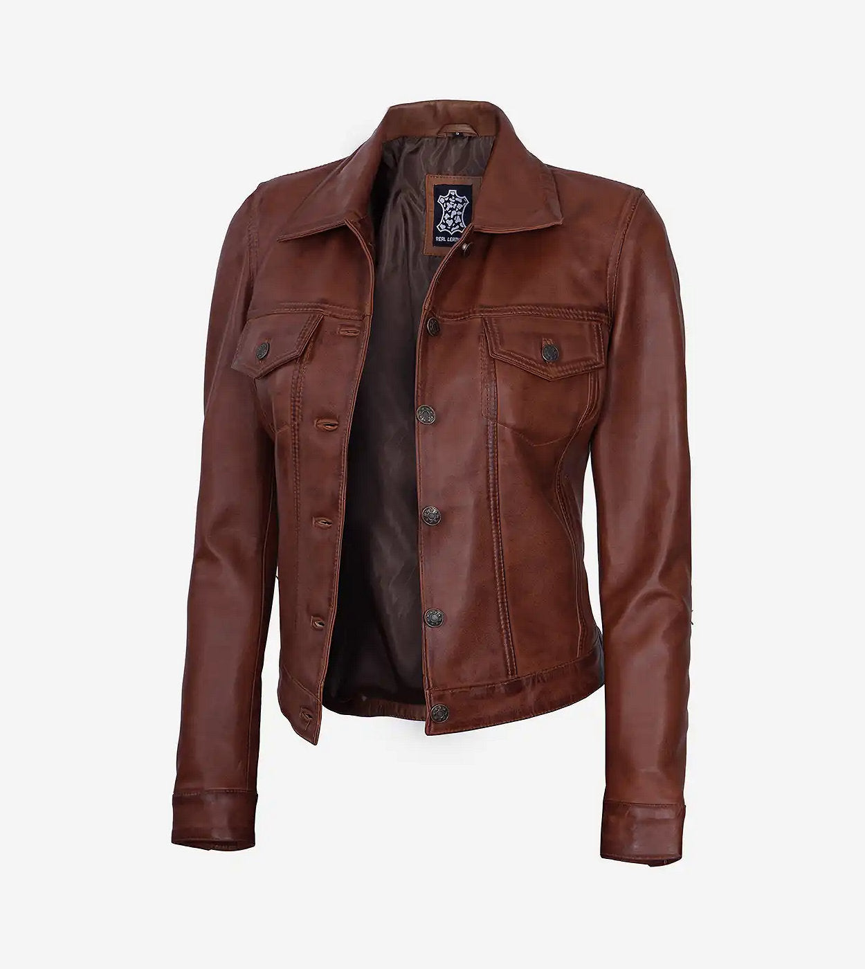 Womens Cognac Brown Trucker Leather Jacket