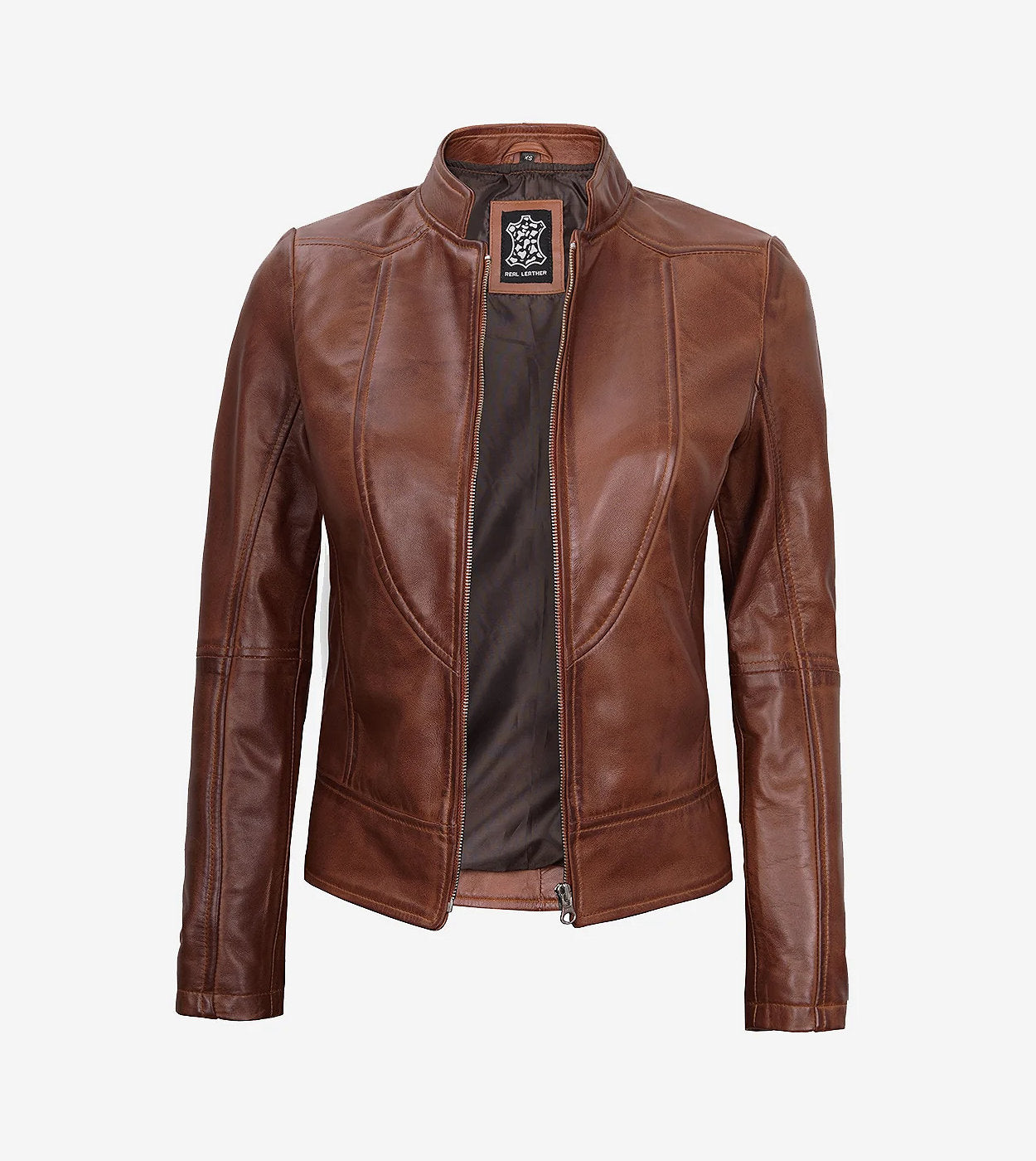Womens Cognac Leather Biker Jacket