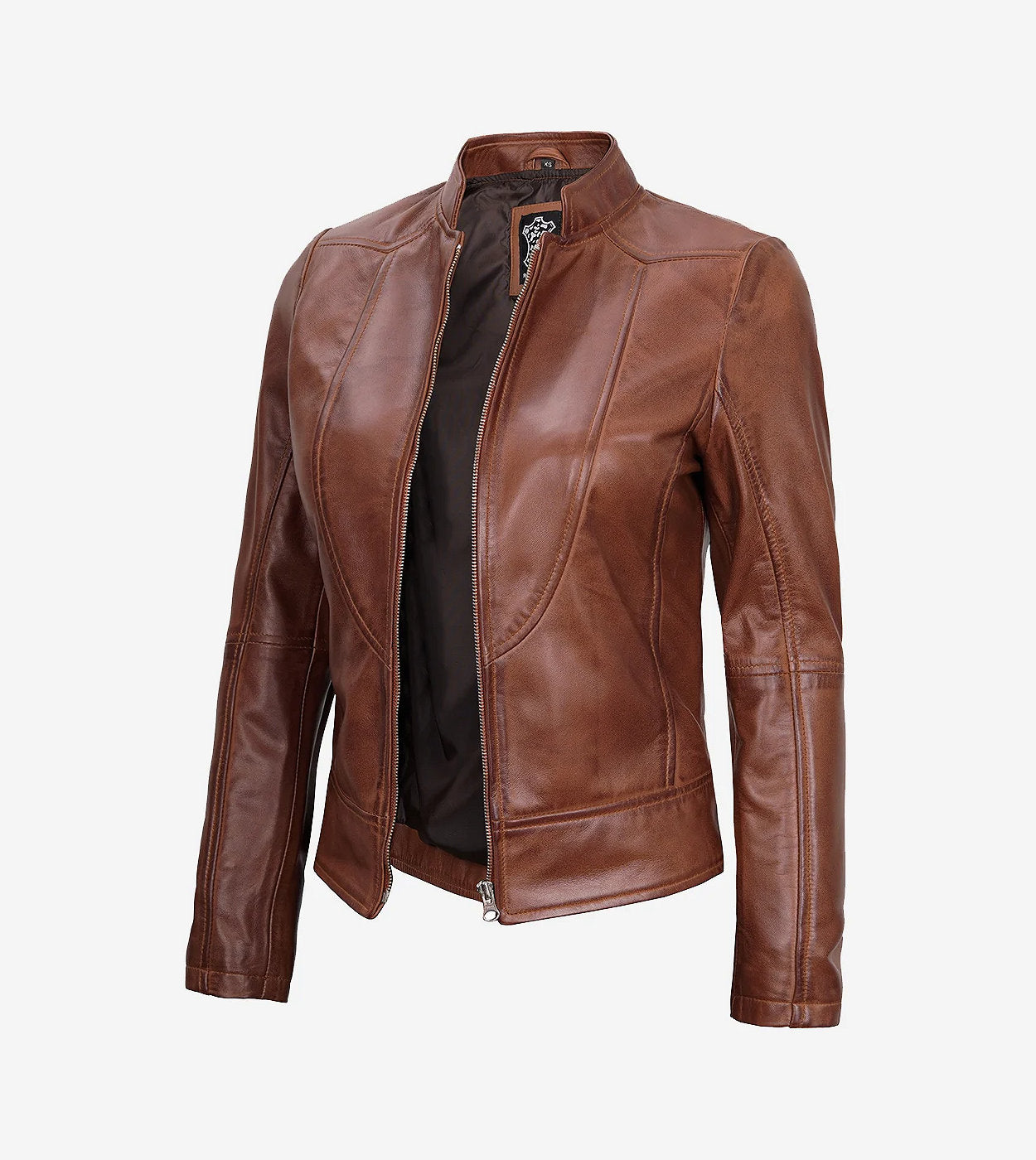 Womens Cognac Leather Biker Jacket